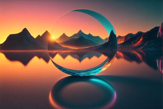 Illustration of sunrise and sunset with lake view. Mystic landscape with mountains, water and glowing neon ring.