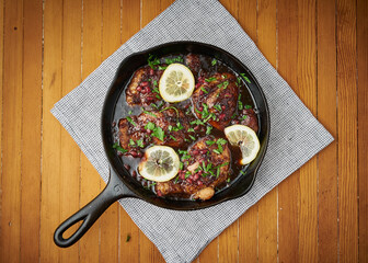 Juicy pomegranate glazed chicken thighs in a cast iron skillet, garnished with herbs and lemon...