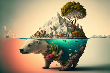 climate change, surrealistic white polar bear 