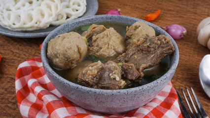 Homemade Bakso Sapi or Meatball Soup. Bakso Sapi is Authentic Indonesian Meatball Made from Beef. selective focus