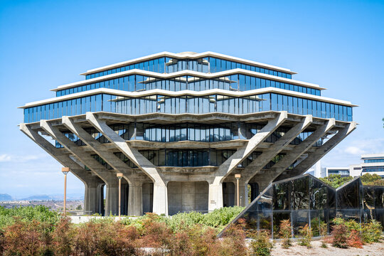 Geisel Library with distinctive exterior design is the main library is a landmark located in University Center in University of California San Diego (UCSD) in LA JOLLA, CALIFORNIA, USA on SEP 14, 2017