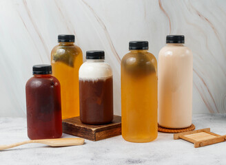 Cold Brew Coffee, Naixiang Jinxuan, Mocha cloud, Gan Nai Di Milk Tea, Sweet honey served in bottles top view of taiwan drink