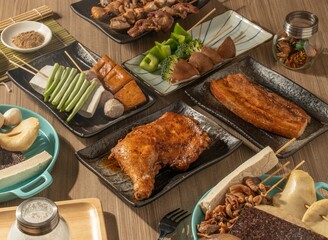 Assorted Chicken Drumstick Special, Grilled three-layer, BBQ Skewers, Beef Short Rib served in dish isolated on table top view of taiwan food