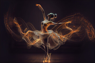 Graceful ballerina aglow in a whirl of golden light, her dance a visual symphony, embodying grace and beauty in a darkened theater.  generative ai