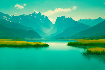 Lake view to the mountain, beautiful summer landscape with turquoise water and green grass