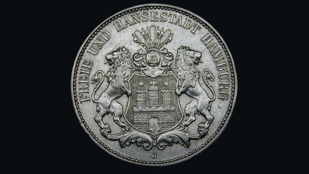 old Reichsmark silver coin, Hamburg Germany 1901, reverse heraldry shield