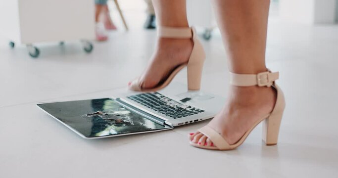 Glitch, laptop and feet of business woman breaking screen in office, angry and frustrated with error, 404 and internet delay. stress, shoes and girl employee step on keyboard after fail or mistake