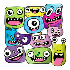 Set of Hand Drawn Cartoon Monster Doodle Flat Style