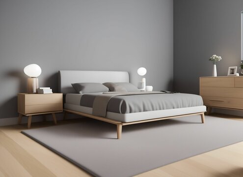 bedroom interior with gray walls, a concrete floor and a king size bed. Scandinavian style. Close up 3d rendering mock up