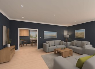 Fototapeta premium Modern living room and dining area beside patio area entrance from the outside of a modern house