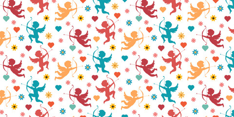 Valentine's day seamless pattern with flowers, hearts, and cupid.  Valentine's day background, print Valentine’s day. Heart print, romantic background.