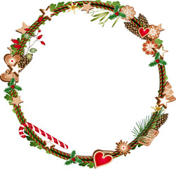 weihnachtlicher Rahmen aus Grünzeug und Süßem - obrazy, fototapety, plakaty