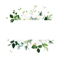 Floral horizontal vector frame. Hand painted plants, branches, leaves on a white background