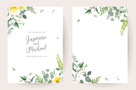 Floral eucalyptus selection vector frames. Hand painted branch, yellow rose flowers, leaves on white background