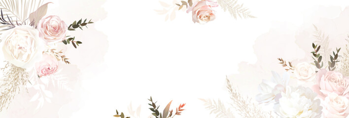 Modern beige and blush trendy vector design banner. Pastel pampas grass, fern, white peony, pale magnolia