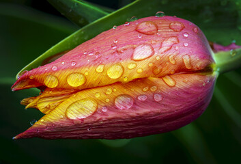 Extreme close-up of tulip petals with rain droplets; Calgary, Alberta, Canada