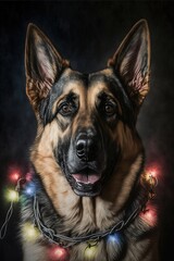 Fototapeta premium German shepherd with Christmas lights, glowing pet dog, dog and Christmas decorations portrait illustration, puppy studio shot generative ai art, black background