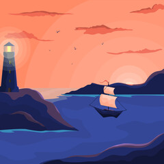 Fototapeta na wymiar Cute seascape with a beacon and a ship. Beautiful seascape at sunset in red and blue colors. Vector illustration in cartoon style.