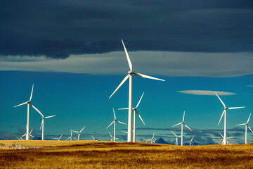 Large metal wind turbines in a rolling stubble field with Chinook arc and blue sky, North of Glenwood, Alberta; Alberta, Canada