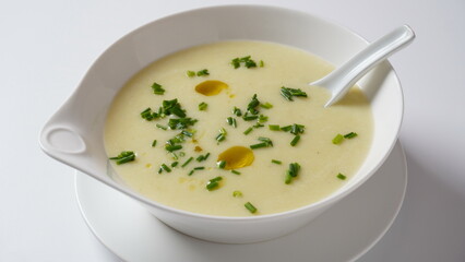Vichyssoise, classic French chilled cream soup  - potato leek, and  onion topped with chopped chives