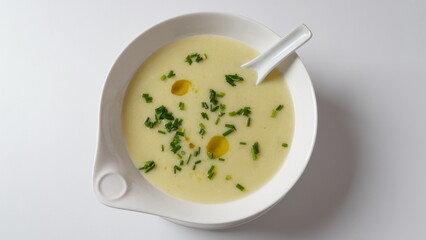Vichyssoise, classic French chilled cream soup  - potato leek, and  onion topped with chopped chives