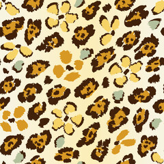 Abstract leopard seamless pattern with black spots and orange flowers on white background. Trendy botanical and animal skin background.