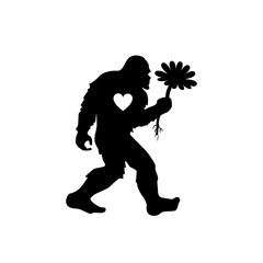 Fototapeta na wymiar Bigfoot with heart and flower. Valentines' day Yeti silhouette. T shirt design. Vector illustration.