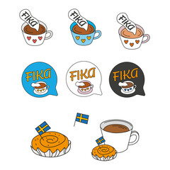 Vector Illustration Enamel Pins design with Symbols of Sweden and Swedish culture, Fika and coffee culture, Swedish flag, Cinnamon roll 