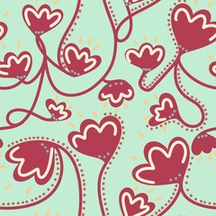 Seamless pattern. Abstract red flowers .Floral minimalistic concept in flat cartoon style. Endless line. Doodle 