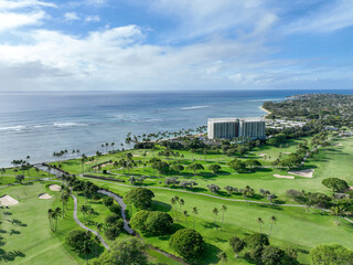Aerial view of Kahala with golf and the Pacific Ocean, Honolulu, Hawaii