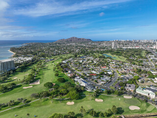 Fototapeta na wymiar Aerial view of Kahala with golf and the Pacific Ocean, Honolulu, Hawaii