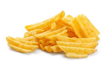 Close-up of delicious fluted potato chips, isolated on white background