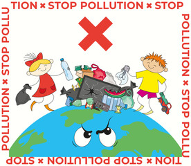 Stop pollution banner with simple characters and a pile of different garbage on a light background with earth and a frame
