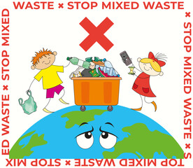 Stop mixed waste banner with children throwing different garbage into single dumpster on light background with earth and frame