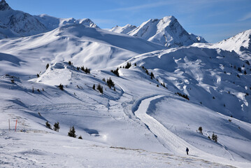 Fototapeta na wymiar Marcher dans la neige en Suisse à Lenk