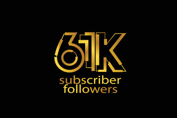 61K, 61.000 subscribers or followers blocks style with gold color on black background for social media and internet-vector