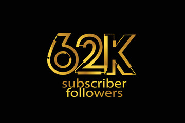 62K, 62.000 subscribers or followers blocks style with gold color on black background for social media and internet-vector