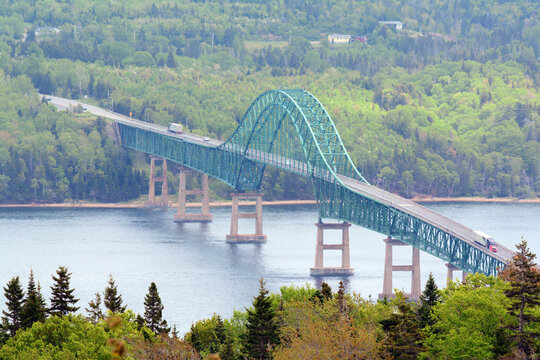A scenic view of the Seal Island Bridge over the Bras d'Or Channel.; New Harris, Great Bras d'Or, Cape Breton, Nova Scotia, Canada.