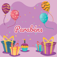 Cartão de aniversário com caixas de presente e balões. ilustração vetorial de cartão de parabéns