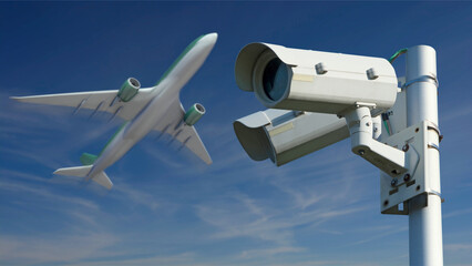 Videokameras am Flughafen mit startendem Flugzeug