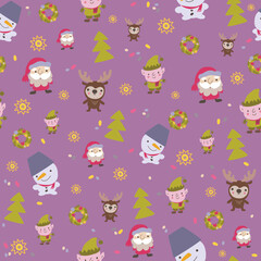 Ditsy Christmas hand drawn seamless pattern with Santa claus, snowman, elf and reindeer on purple background.