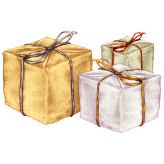 watercolor illustration of light colored presents