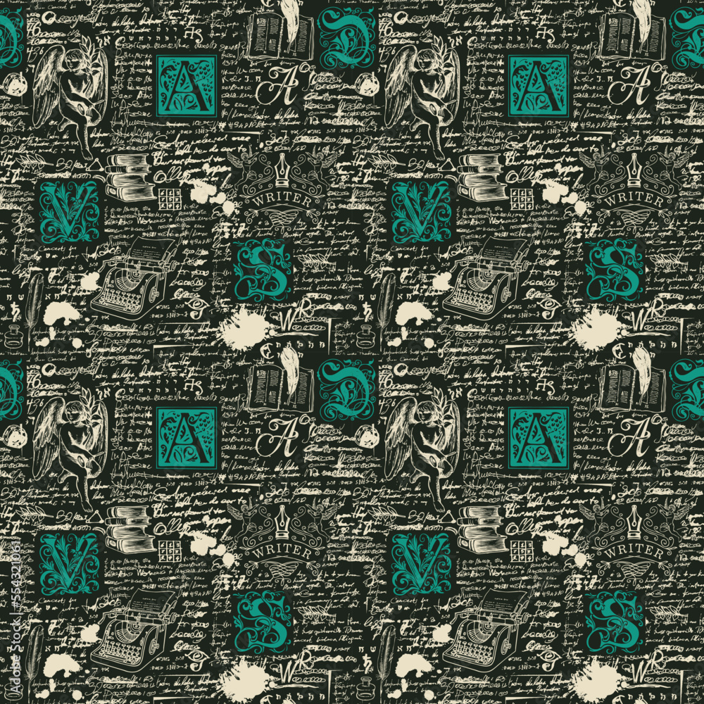 Poster vector seamless pattern on writers theme. abstract background with unreadable handwritten notes and 