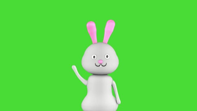 3d cute rabbit character waving its paw on green screen background. 3D animation.