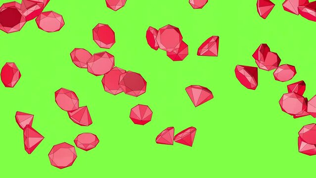 Blue rubies fall on a green background. 3D animation. Cartoon background. Rain of gems.