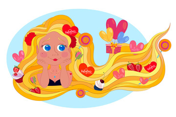 Valentine's Day. Vector illustration with a beautiful girl and gifts. Blonde girl with long hair dreams about love