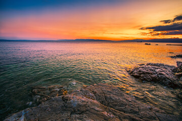Croatia, Europe, Istria, pebble Kostrena beach near Rijeka and Lovran resort.