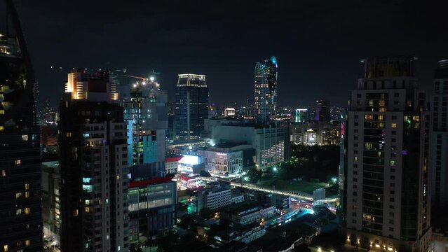 night illumination bangkok city downtown aerial panorama 4k thailand