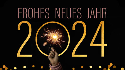 2024 Frohes neues Jahr Feiertag Grußkarte Banner - Mädchen hält Wunderkerze in ihrer Hand,...
