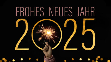 2023 Frohes neues Jahr Feiertag Grußkarte Banner - Mädchen hält Wunderkerze in ihrer Hand,...